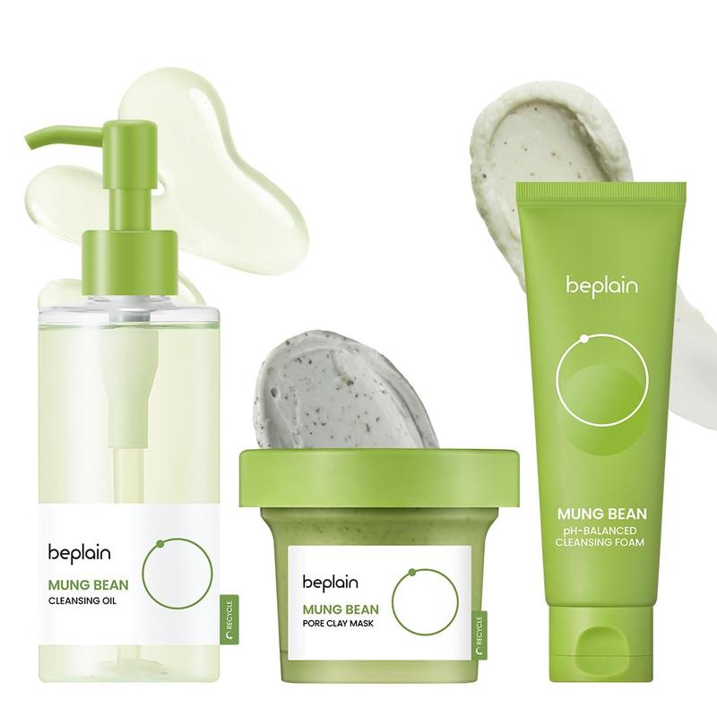 Beplain Mung Bean Cleansing Oil & Foaming Cleanser & Clay Mask Set for Sensitive Skin Fragrance-Free Gentle Non-Comedogenic Korean Skin Care - Facial