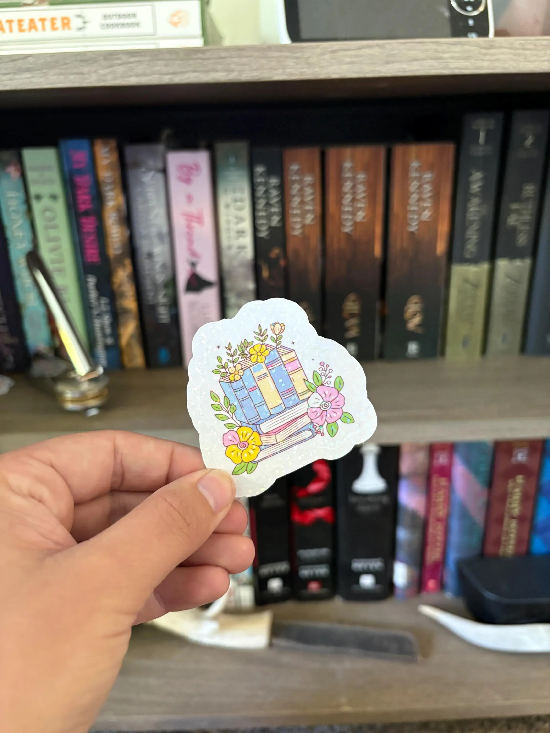 Floral Book Stack Sticker - Waterproof Holographic Vinyl Decal for Book Lovers, Kindle, Laptop - Bookish Gift Digital Download