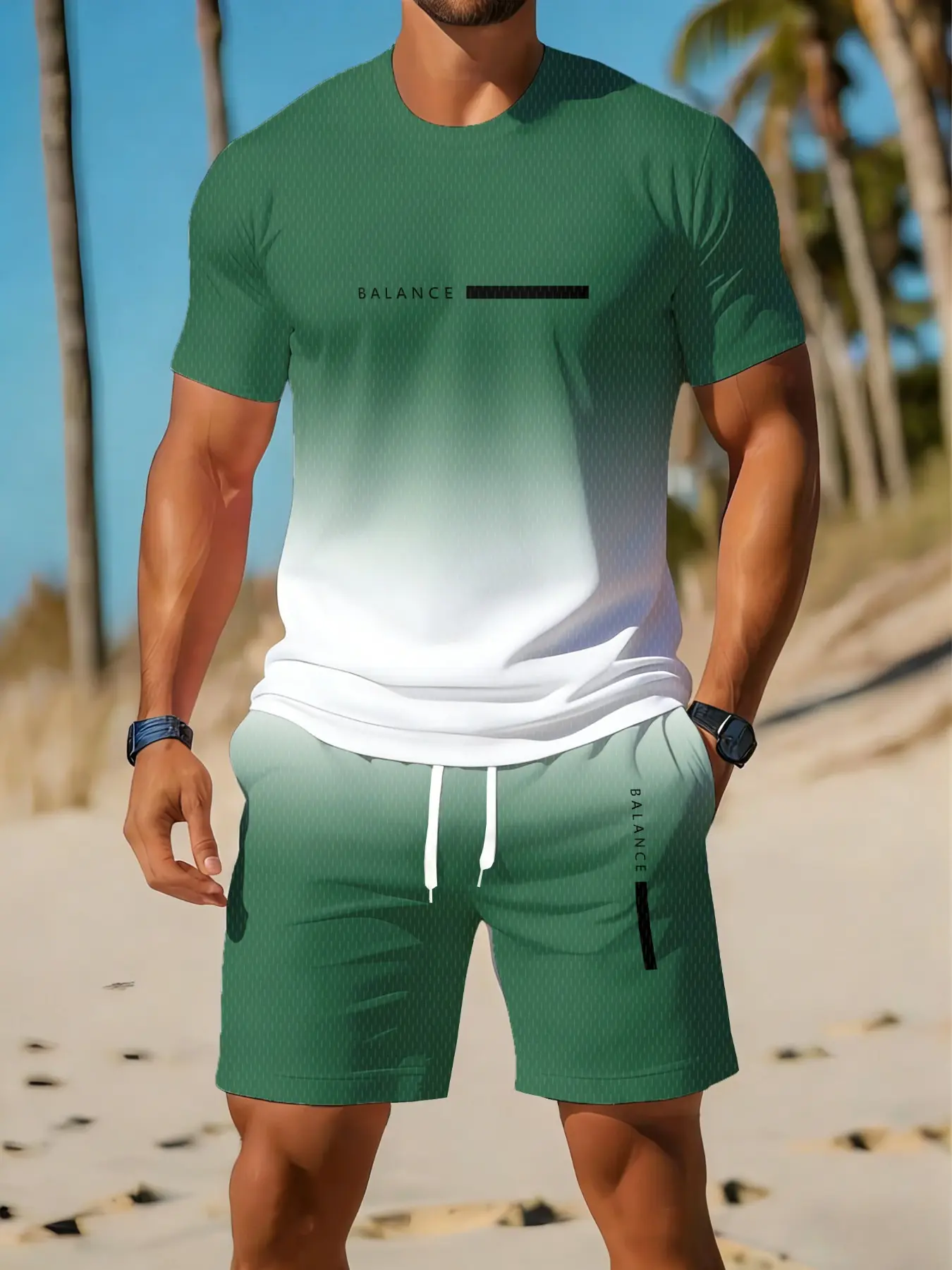 Men's Gradient Short Sleeve T-Shirt Set with Gym Shorts, Summer Beach Casual Wear, Colorblock Breathable Quick-Dry Clothing, Lightweight Summer Activewear, Quick Dry Outfits, Modern Sportswear