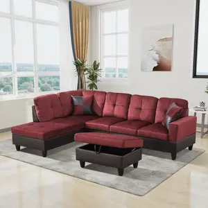 Ainehome Modern Red Flannel PVC L-Shaped Modular Sofa Set with Storage Ottoman Tufted Detailing Stain Resistant Scratch Resistant Living Room Furniture