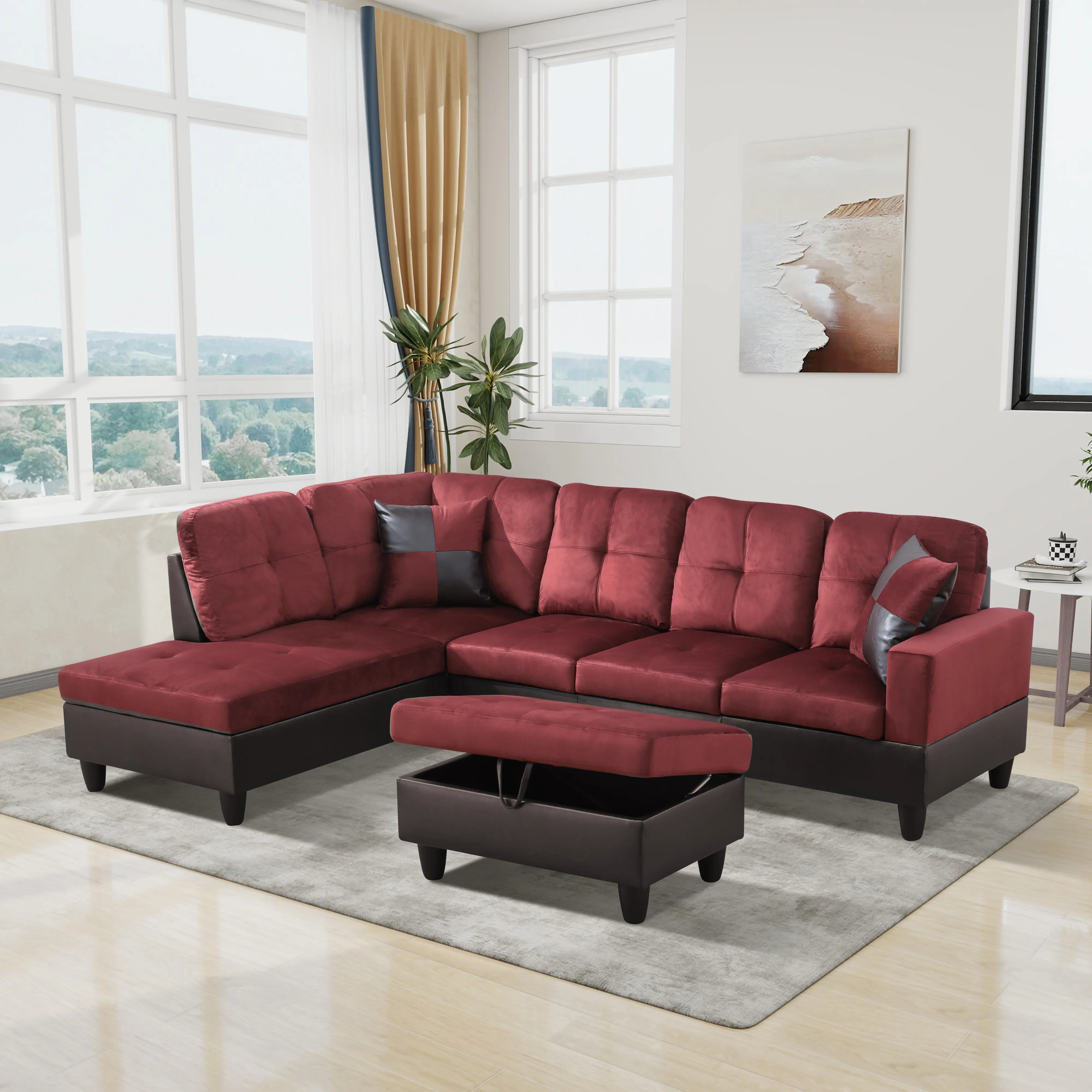 Ainehome Modern Red Flannel PVC L-Shaped Modular Sofa Set with Storage Ottoman, Tufted Detailing, Stain-Resistant, Scratch-Resistant Living Room Furniture & Decor, Living Room Decor, Furniture Living Room