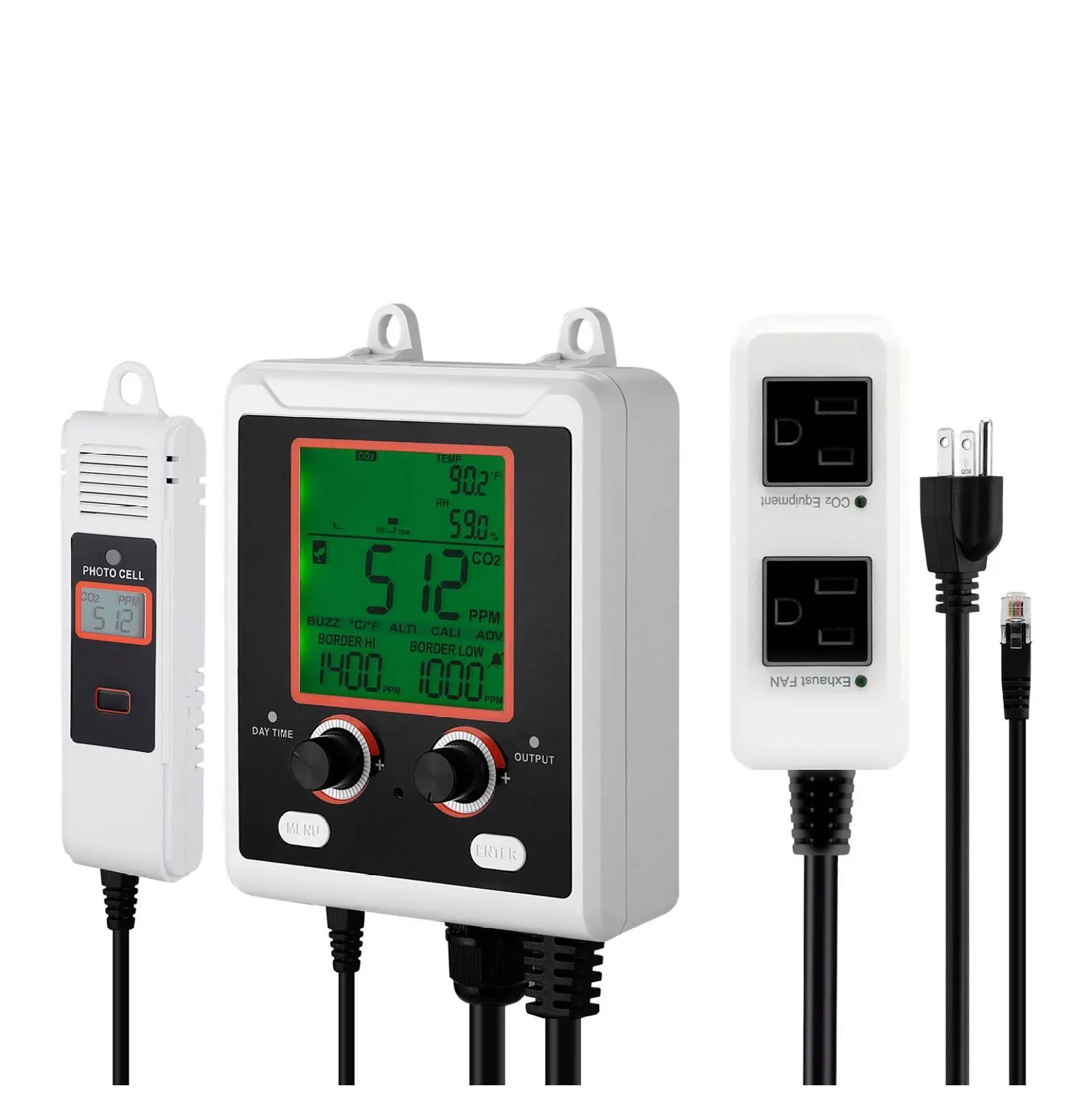 CO2 Controller Monitor, Dual Outlet Carbon Dioxide Meter with NDIR Sensor, Day/Night Detection for Greenhouse, Lab, Classroom, Home CO Control Default