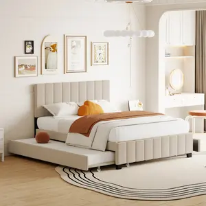 Queen Size Velvet Upholstered Platform Bed Frame with 2 Drawers and 1 Twin XL Trundle, No Box Spring Needed, Strong Wood Slats Support, Easy Assembly