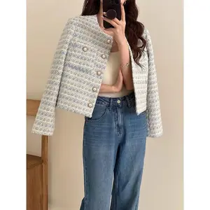 Autumn Winter Women Elegant  Tweed Cardigan Short Coat With Pocket Single Breasted Jacket For Women Loose Outwear