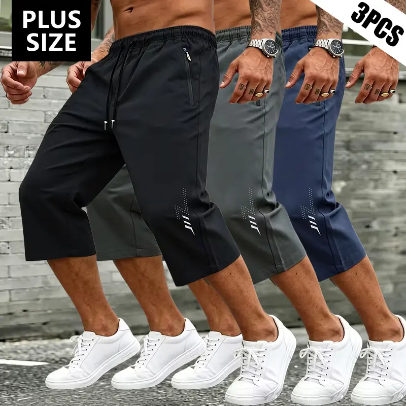 3-Pack Men's Summer Lightweight Capri Shorts Elastic Drawstring Waist Casual Beach Athletic Pants for Golf Fishing Basketball Camping Gym Swimming Daily Wear