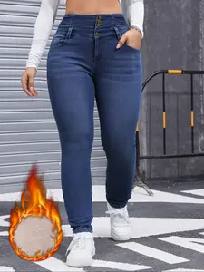 Women's Plus Size Fleece Lined Jeans, Slim Fit Elastic Comfortable Denim Jeans, New Trendy Casual Long Jeans for All Seasons