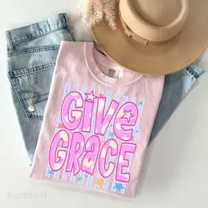 Comfort Colors Give Grace Comfort Colors T Shirt, Kindness Positivity Shirt, Preppy Striped Girly Graphic Tee, Dainty Encouragement Aesthetic Top, Cute Inspirational Tee
