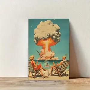 Vintage Atomic Bomb Mushroom Cloud Poster Mid Century Modern Ocean Wall Art Retro Beach Scene Bold Statement Decor