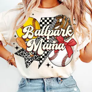 [Sale up to 50%] [Free Ship] Softball Baseball Mama T-Shirt, Ballpark Mama Retro Shirt, Game Day Vibes, Coquette Bow Sports TShirt