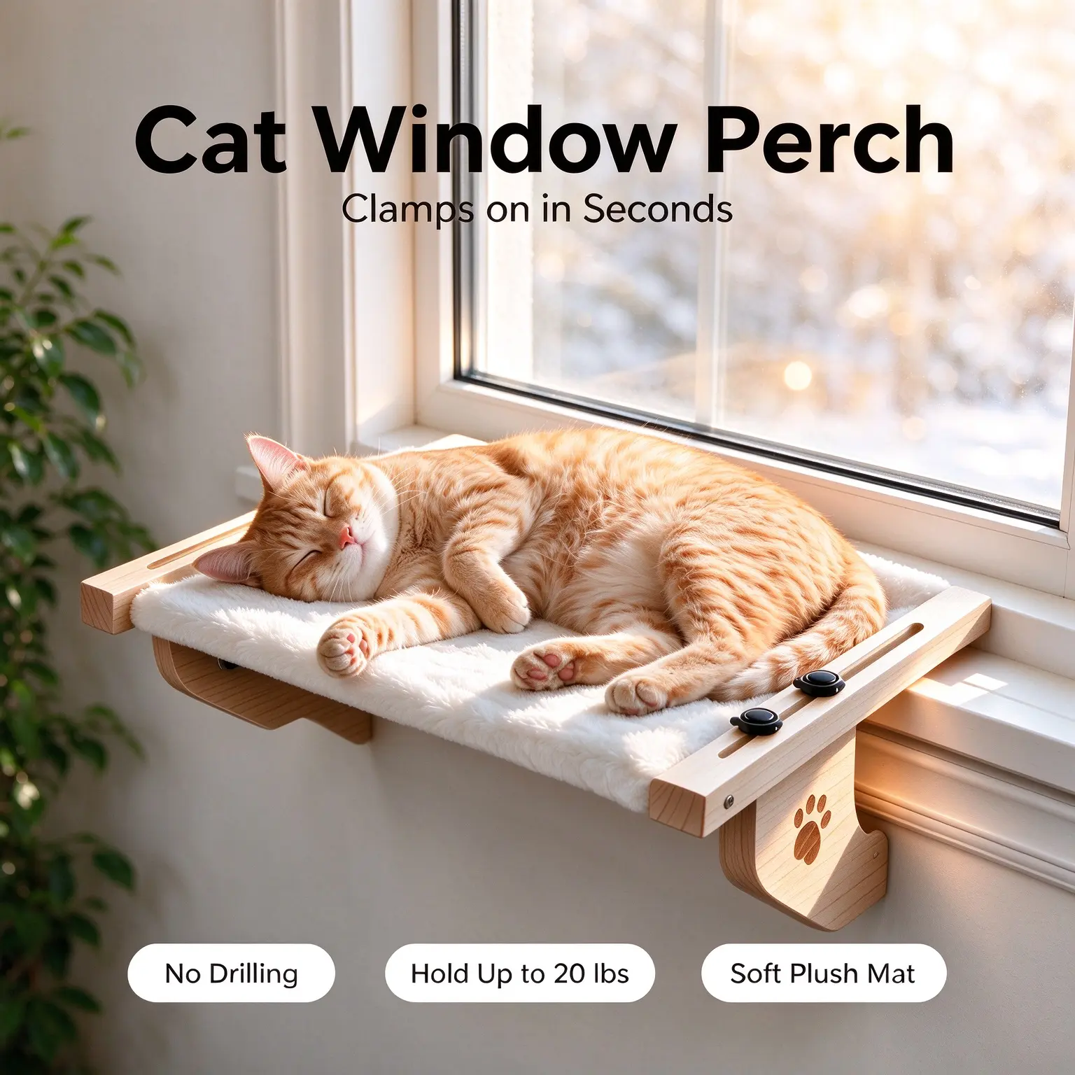 Large/Medium Contemporary Cartoon Memory Foam Cat Window Perch Hammock, Renter-Friendly No-Drilling Clamp-On, Natural Wood Frame, Removable Washable Plush Mat, Tool-Free Setup, 20 lbs Capacity, Fits Most Sills for Indoor Cats’ Sun Bathing & Napping