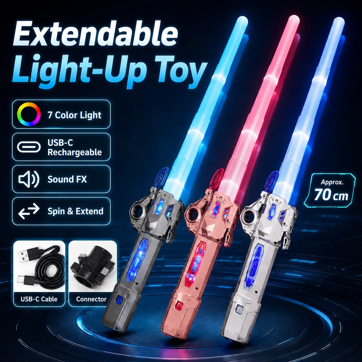 2-in-1 Telescoping LED Light-Up Sword Set, Type-C Rechargeable 7-Color Flashing Swords with Thick Rose Gold Handles, Gift Box Included, for Costume Parties, Roleplay, Gifting, Unisex