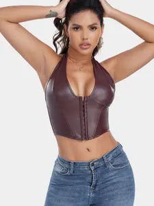 PU Leather Halter Top with Drawstring, Adjustable, Sexy Deep V Neck, Button Design, Streetwear & Party, Trendy Women's Fashion