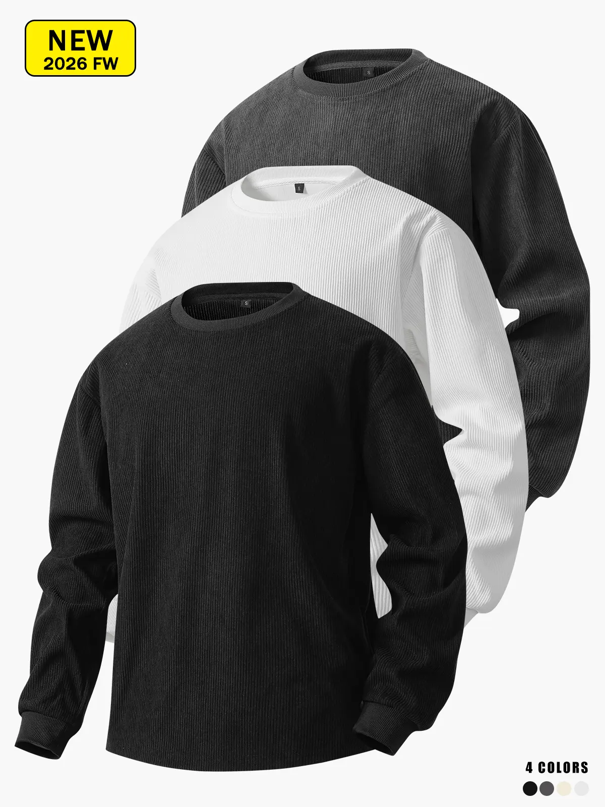 Men’s corduroy crewneck sweatshirt for spring and autumn, loose drop-shoulder fit, soft, breathable, warm, and comfortable.