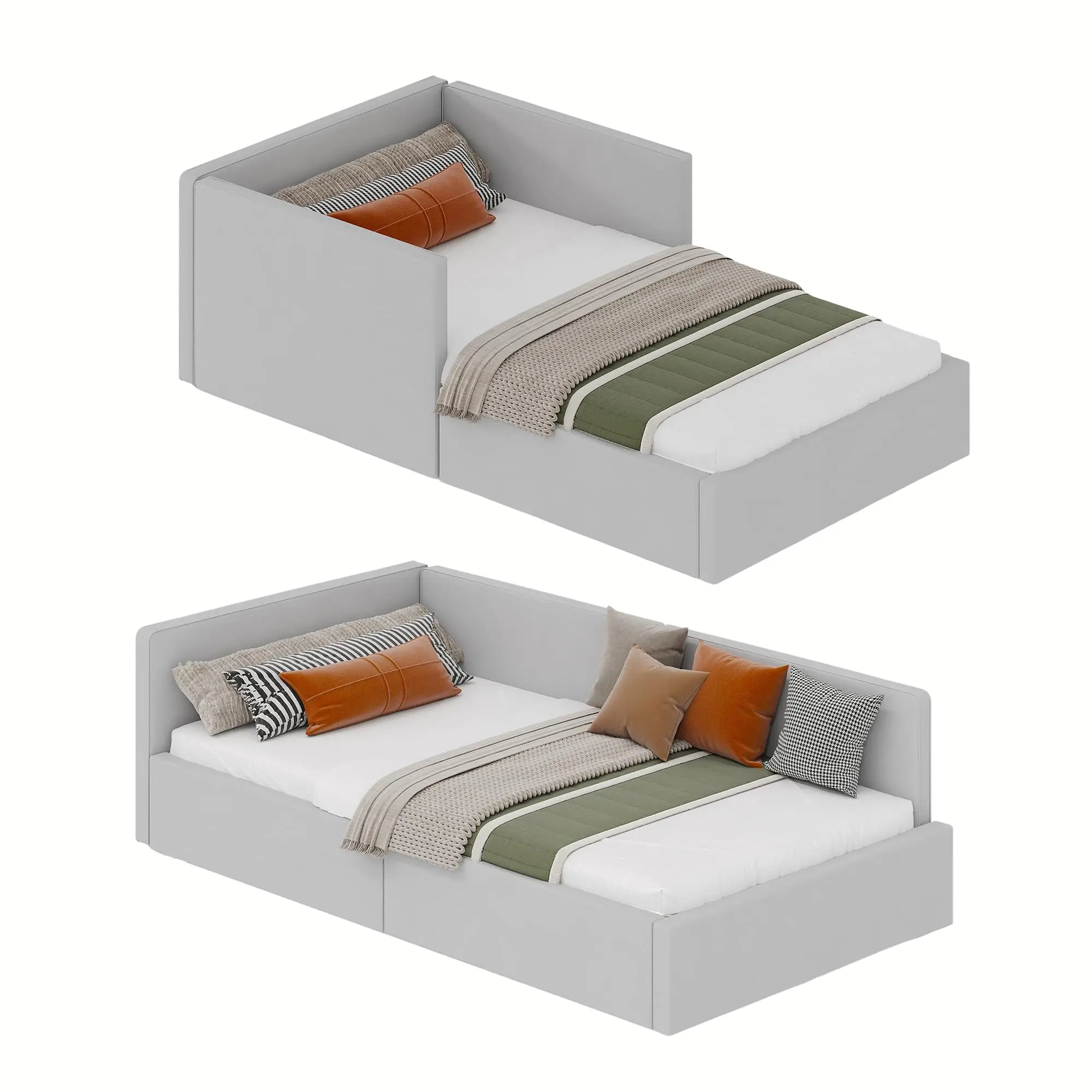 Light Gray Twin Corner Bed Frame with Headboard, Bed Frame with Bed Rails, Velvet Upholstered Sofa Bed with Guardrail for Bedroom, Guest Room, Adjustable Installation