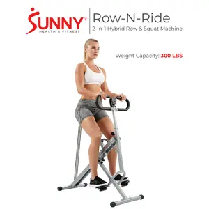 Sunny Health & Fitness Row-N-Ride Hybrid Rowing & Squat Machine Home Gym Workout Fitness Adjustable Resistance Compact Foldable Design 300 lbs Capacity