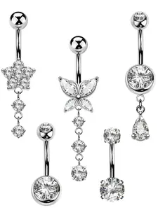 5PCS Belly Button Rings for Women 14G Dangle Navel Piercing Jewelry Set Surgical Stainless Steel Body Jewelry with CZ Butterfly Flower Teardrop Barbell for Beach Festival Daily Bellybar