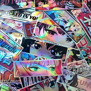32PCS 12cm Long JDM Anime Girl Car Stickers Laser Rainbow Auto Window Windshield Motorcycle Body Moto Helmet Vinyl Decoration