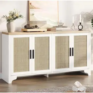 Garvee Entertainment Center for TVs Up to 70'' - Natural Rattan Boho Media Console Table with Storage Cabinets, Farmhouse Style White Living Room Cabinet