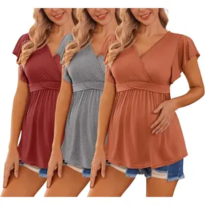 Maternity Shirts 3 Packs Flying Short Sleeve Nursing Tops Pregnancy Clothes