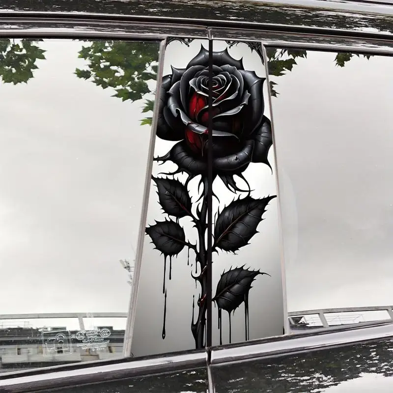 Black Rose Pattern Car Sticker, Self-adhesive Waterproof Door Pillar Protective Film, High Gloss Finish Sticker for Vehicle B-pillar Decoration, Truck