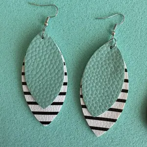 Handmade Leather Earrings Super Cute and Lite with Teal Green Striped Design, Silver striped, yellow striped, brown striped
