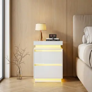 Modern 2 Drawer Nightstand with App Control LED Lights Built-in Charging Station USB Port Hidden Compartment Sliding Top WPC Bedside Table Minimalist End Side Table Organizer for Bedroom Living Room Office Home Decor