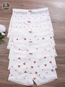 Women's Floral Print Comfortable Lace Patchwork Soft Briefs, 5 Piece Set, Soft Cotton Underwear for Everyday Wear, Floral Lace Panties