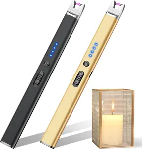 2 Pack Candle Lighter USB Rechargeable Electric Plasma Arc Lighters with Safety Lock, Windproof Flameless Long Lighters Matches for Candle, Grill, BBQ, Camping, Gas Stoves (Black, Gold)