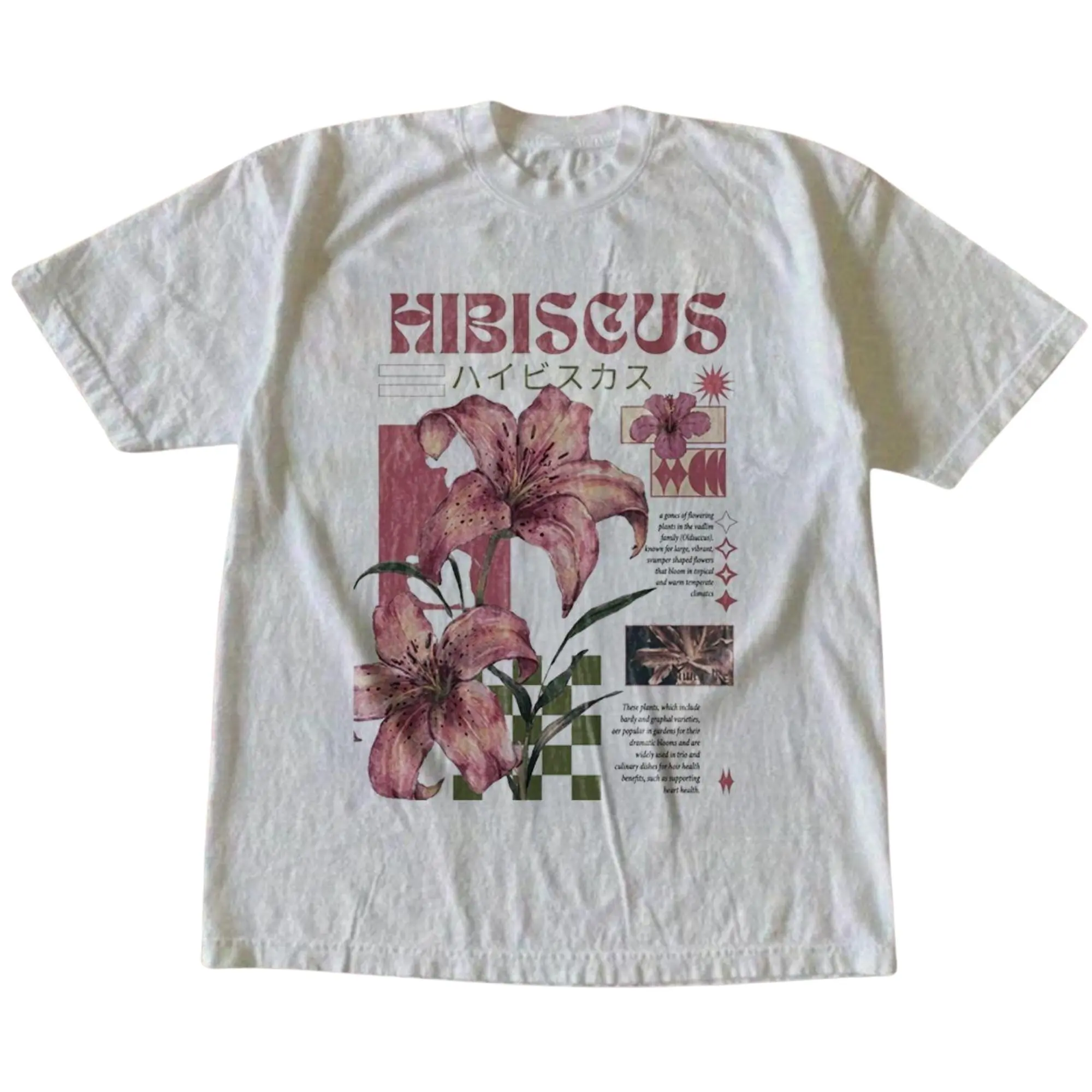 Japanese Hibiscus Floral Lily Checkerboard Graphic T-Shirt, Aesthetic Retro Pink Flower Botanical Poster Art Print with Typography, Unisex White Heavyweight Streetwear Tee, Y2K Item