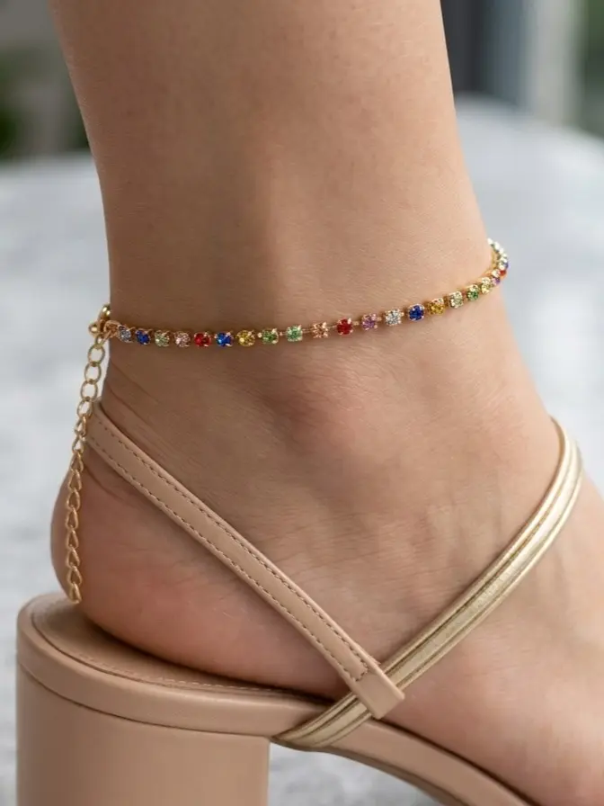 Boho Rainbow Rhinestone Tennis Bracelet Dainty Gold Stackable Colorful Crystal Ankle Bracelet Bohemian  Summer Beach Jewelry Gift For Women