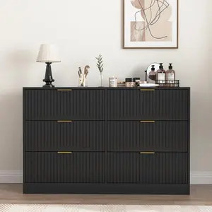 Modern 6-Drawer Dresser, Chest of Drawers for Bedroom, Living Room, Hallway, and Entryway - Large Storage Cabinet, Black,Drawer panel with wavy patterns Tv Shelf Tv Console Table