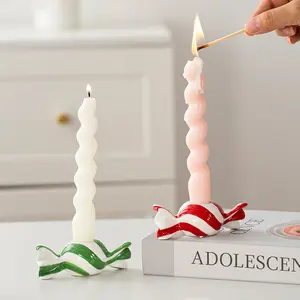 Korean Colorful Striped Ceramic Candle Holder, Handmade Candy Design, Unique Atmosphere Decorative Stand, Long Rod Wax Candlestick