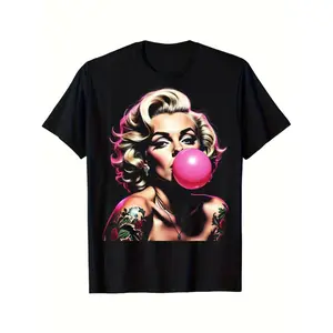 Men's Vintage Pin-Up Tattoo Graphic T-Shirt - Soft Cotton Crew Neck, Black with Bubblegum Design, Casual Summer Tee, Perfect for All Seasons and Gifts