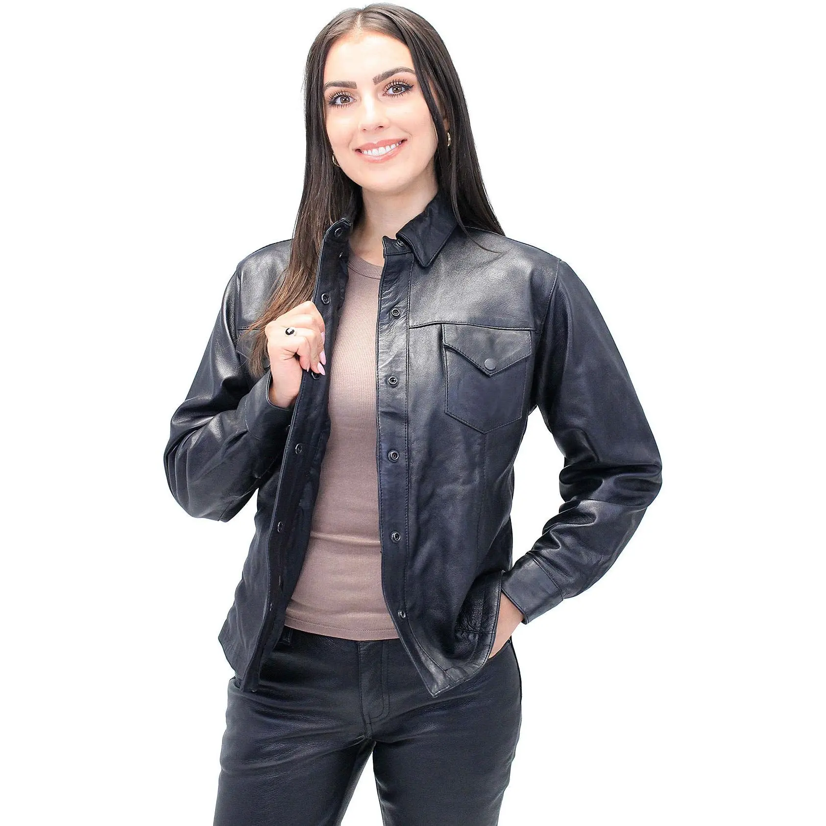 JAMIN LEATHER® Women's Long Black Leather Shirt LS42SK - Soft Buffalo Leather, Fitted with Snap Pockets, Ideal for Riding, Plus Sizes Available