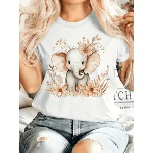 Cute Baby Elephant Floral Graphic Tee Unisex Top Soft Cotton Crewneck Short Sleeve Casual Oversized T Shirt Vintage Aesthetic Everyday Outfit Gift
