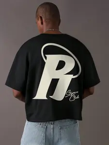 Viral Y2K Aesthetic Vibe Men's Drop Shoulder Graphic Tee - Vintage "Stynvo Club" Script & Big Letter R Back Print, Loose Fit Cropped Oversized T-Shirt, Casual Breathable Streetwear Menswear for Summer Everyday Wear