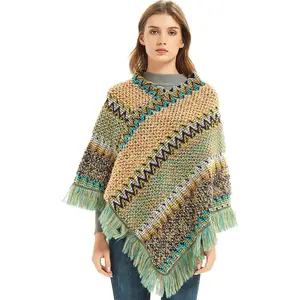 Women's Zig-Zag Knit Tassel Fringed Pullover Poncho Sweater Cape Shawl Wrap