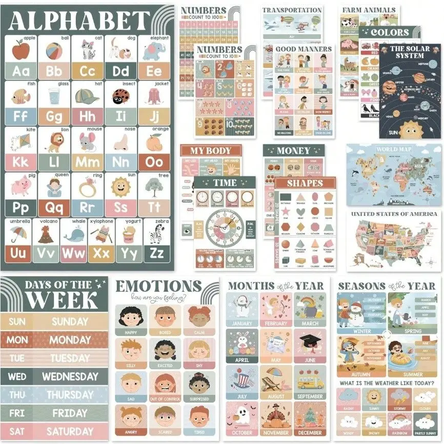 DEERSEN 18 Laminated Educational Posters For First Steps Students (11"x17"), Boho Posters For Classroom, Homeschool Must Haves For Students, Pre Learning, Classroom Supplies & Decor