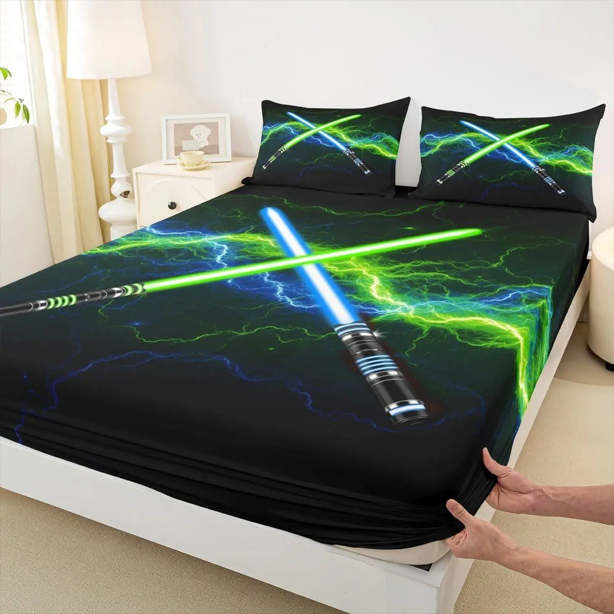 Red Blue Lightsaber Fitted Sheet,Neon Glowing Lightning Bedding Set,Video Games Theme Bed Sheet for Kids Boys Girls Teens Room Decor,Cool Black Deep Pocket Sheet