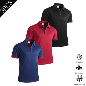 Men's 3-Piece Classic Shortsleeve Polo Shirt Set - Stretchy Polyester Quick-Dry Collared Tops with Contrast Piping, Athletic Activewear Sports Clothes for Office, Golf & Casual Wear