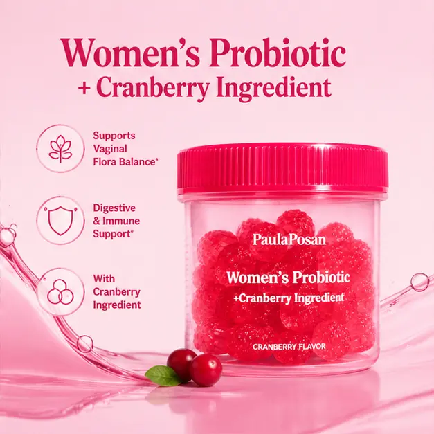 PaulaPosan Cranberry Gummies for Women with Probiotics, Prebiotics & Fiber, Daily Digestive Support, 40 Count