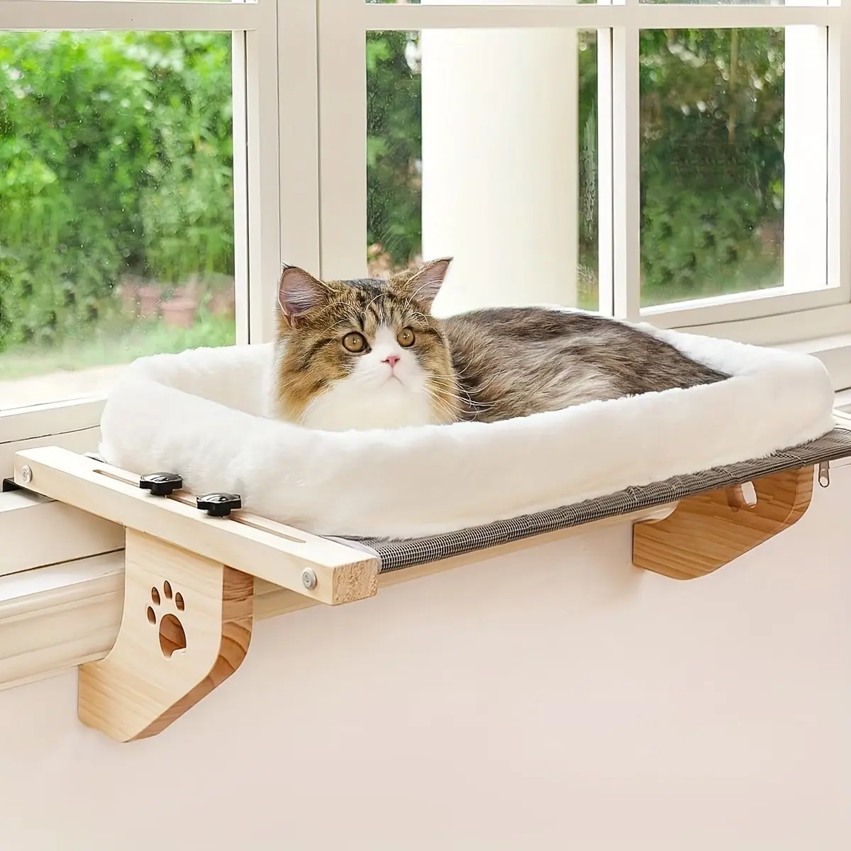 Indoor adjustable cat window frame hammock - Durable frame with paw print pattern, easy to install, suitable for window sills, bedside, cabinets - Large cat bed, pet leisure spot | Decorative pet supplies | safety fixation function, cat hammock