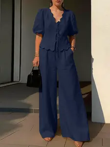 ZANZEA Women's Casual Suit, V Neck Short Sleeve Lace Up Shirt + High Waist Elastic Pants, Loose-Fitting, Plain Pattern, Ideal for Daily Wear