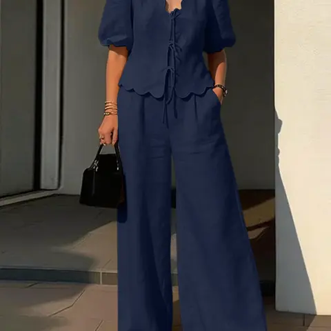 ZANZEA Women's Casual Suit, V Neck Short Lantern Sleeve Lace Up Shirt + High Waist Adjustable Elastic Wide Leg Pants, Loose-Fitting, Plain Pattern, Ideal for Daily Wear, Outfit Sets Women, Womenswear