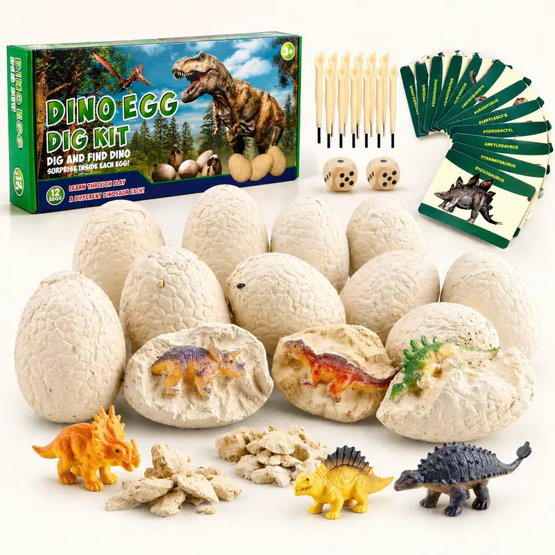 Dinosaur Egg Dig Kit for Kids, 12 Dino Eggs Excavation Science Toy Set with Dinosaur Figures, Dig Tools, Brushes & Activity Mat, STEM Learning Toy Gift for Boys Girls