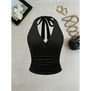 Plus size women's V-neck pleated short top, lace up hollow vest, summer fashionable and casual, comfortable and fashionableRAIMENTRY