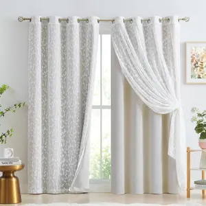 Full Blackout Curtains + Leaf Sheer Window Panels, Beige Mix and Match Style Layer Window Treatment Sets for Bedroom Living Room, 4 Panels 52" W x 63" L, Beige and White