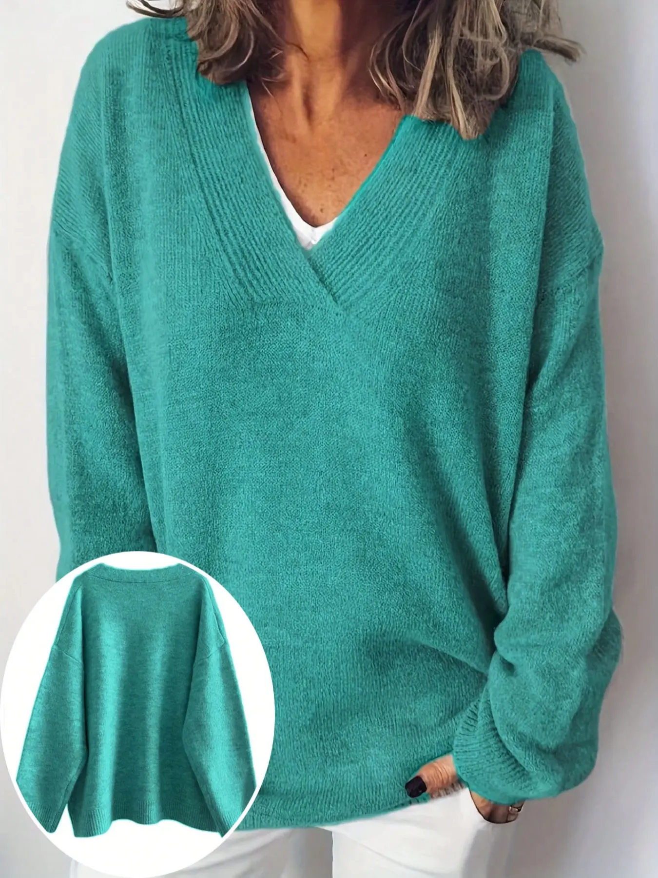 Fashionable Aesthetic V Neck Long Sleeve Loose Baggy Oversized Pullover Women's Sweater for Autumn and Winter, Simple, Basic, Casual, Minimalist and Stylish Knitwear Easy to Match Tops