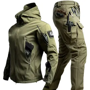 Men's Fleece-Lined Windproof Camouflage Winter Soft Shell Hooded Jacket Set - Military Tactical Workwear for Outdoor Mountaineering