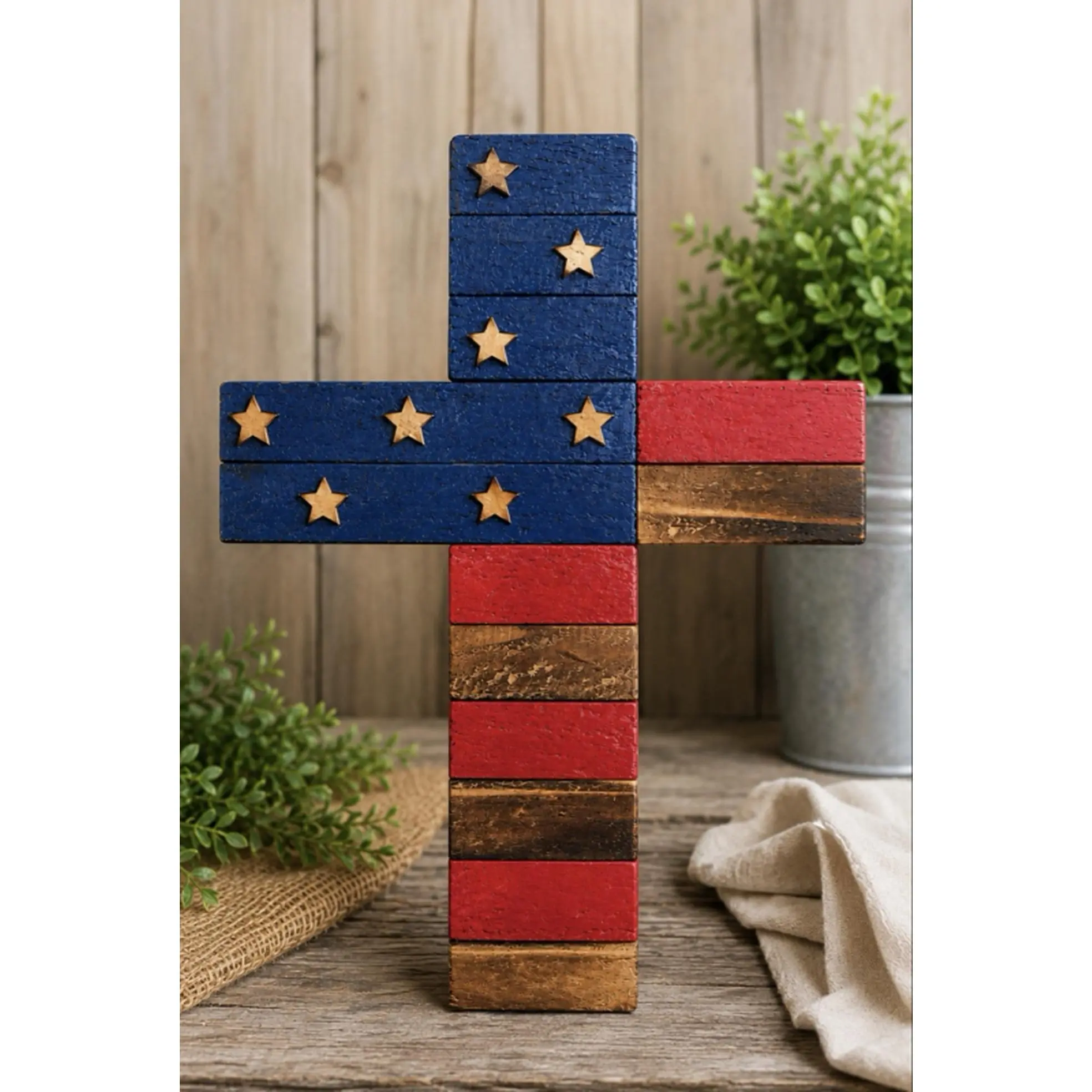 Handmade Wooden American Flag Cross Rustic Patriotic Red White Natural Wood Blue Design with Wooden Star Accents for Wall Shelf Porch or Patriotic Décor